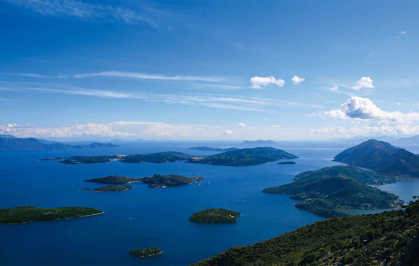 Scenic aerial view of Lefkada island and surrounding waters in Greece.